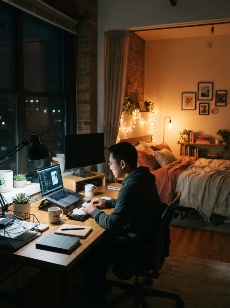 A studio apartment workspace corner lit in cool 4000K white light, sharply contrasting with a warm amber sleep zone visible in the background, evening ambiance, vertical Pinterest photography, warm-cool zoned contrast.