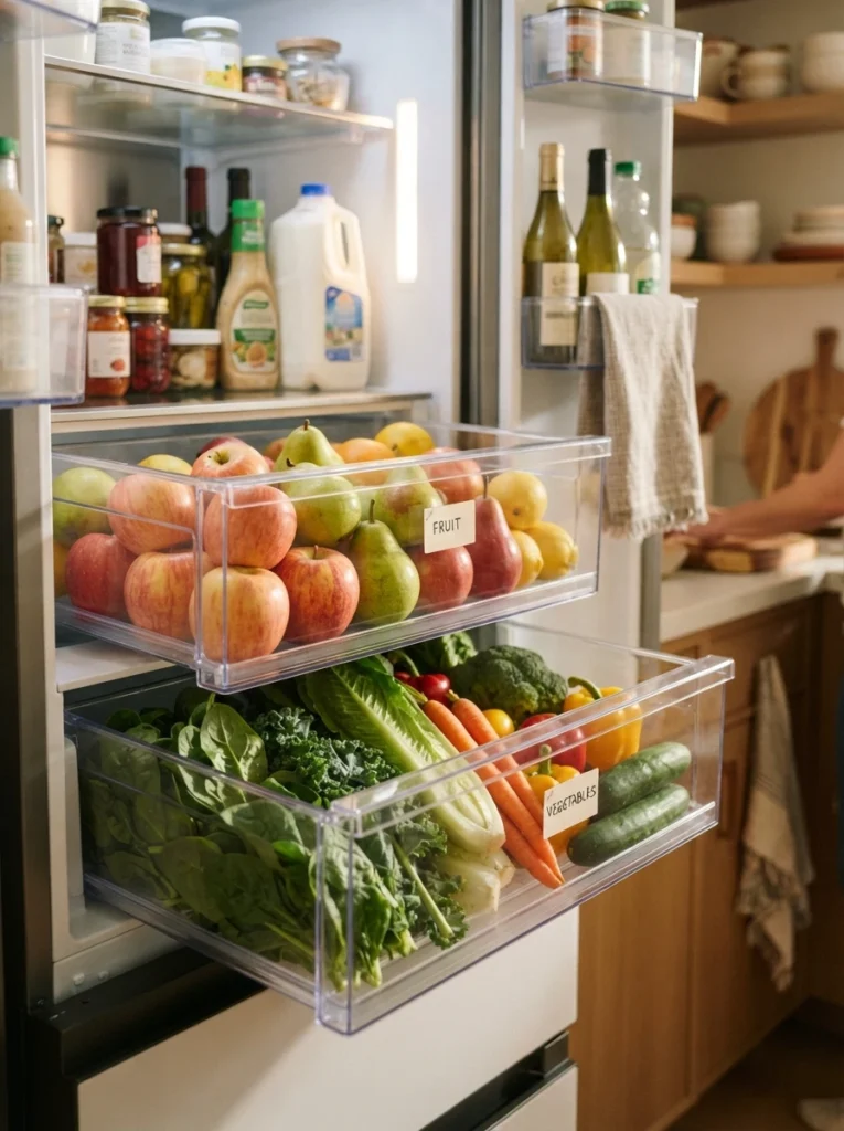 Apples and pears stored in a separate crisper drawer from leafy greens and other vegetables, warm kitchen lighting, vertical Pinterest photography, warm separated-produce styling.
