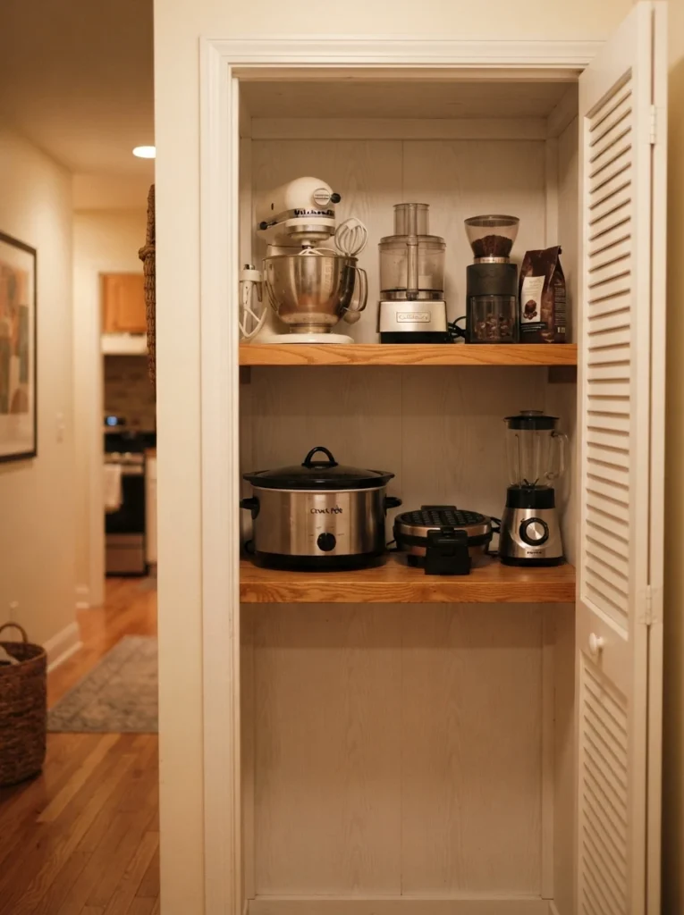 A shelf outside the kitchen, in a hallway closet, storing rarely used appliances, warm kitchen lighting, vertical Pinterest photography, warm off-site styling.