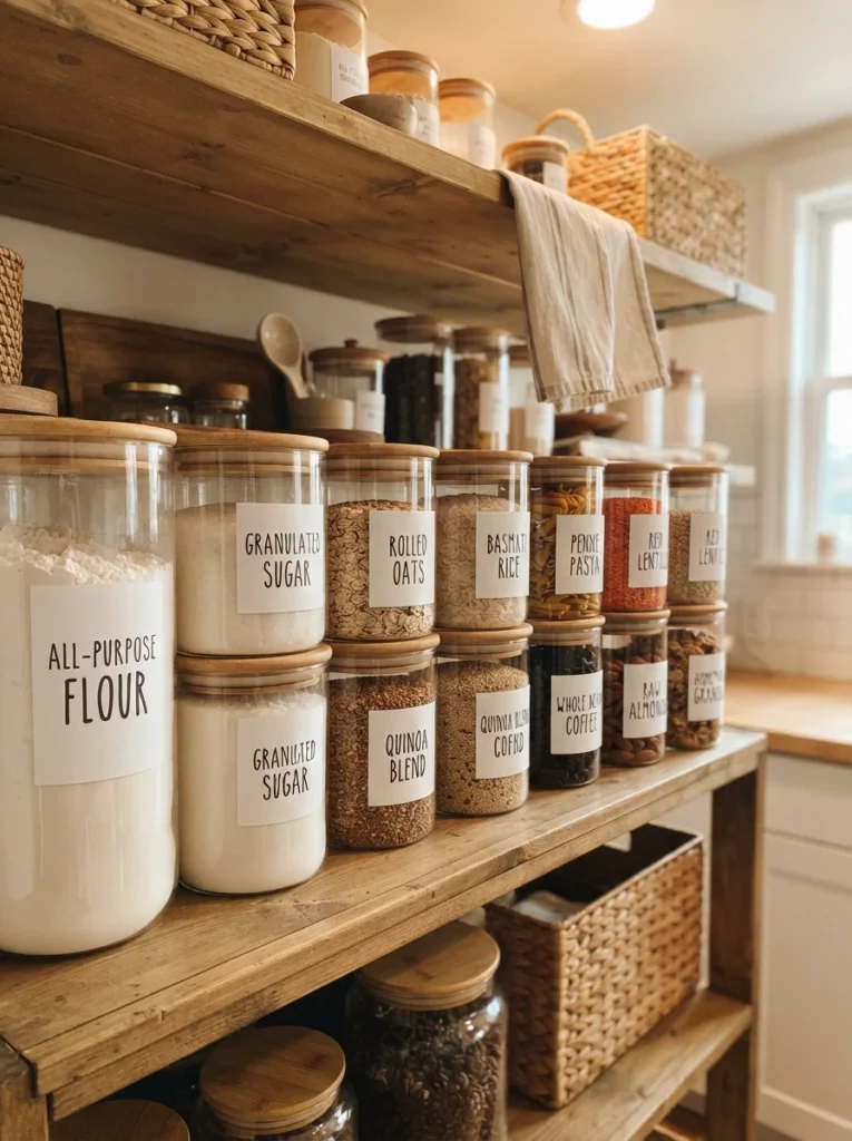Home-printed labels applied to pantry containers in a consistent font, warm kitchen lighting, vertical Pinterest photography, warm printed-label styling.