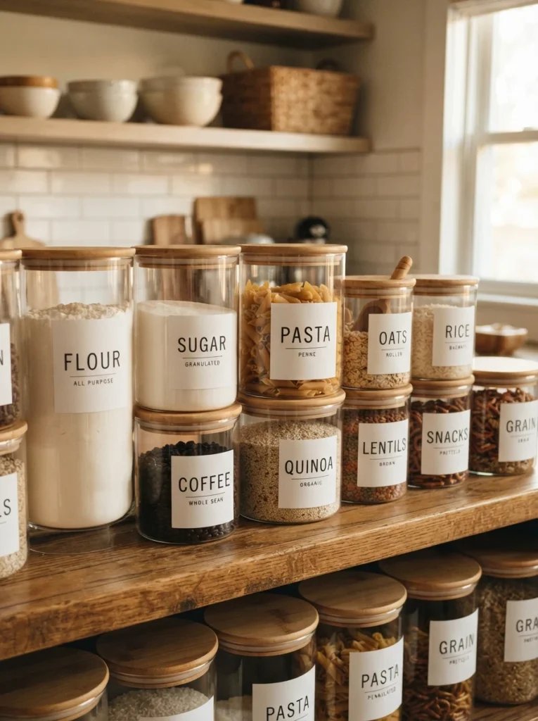 Waterproof vinyl labels applied to glass pantry containers, clean adhesive with no residue, warm kitchen lighting, vertical Pinterest photography, warm durable styling.