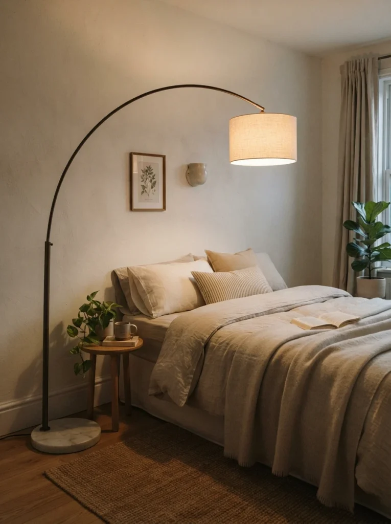 An elegant arc floor lamp with its curved arm extending over a small bed, base tucked neatly against the wall, warm downward glow, cozy neutral bedding, evening ambiance, vertical Pinterest photography, warm sculptural styling.