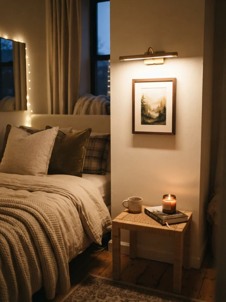A small framed art print highlighted by a warm picture light in a compact apartment bedroom, soft focused glow, cozy neutral styling, evening ambiance, vertical Pinterest photography, warm gallery-style detail.