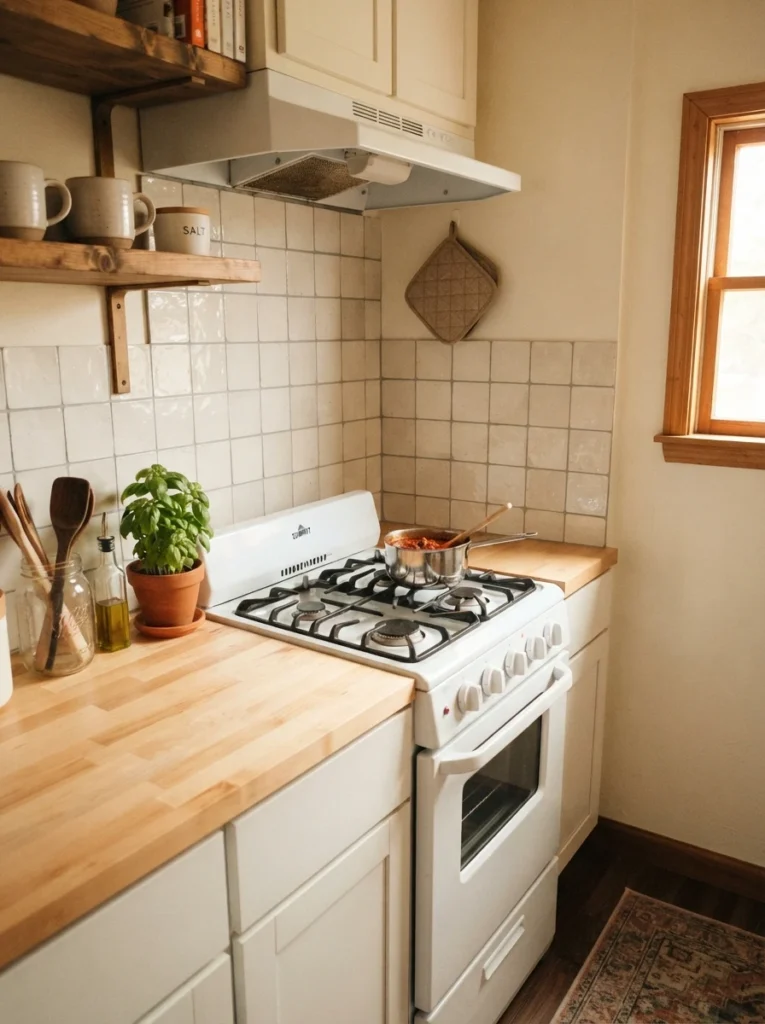 Peel-and-stick backsplash tile installed behind a small kitchen stove, adding texture without permanent changes, warm lighting, vertical Pinterest photography, warm renter-friendly styling.