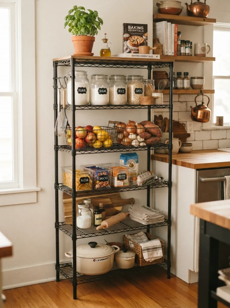 A black metal baker's rack set up as a kitchen pantry station, holding clear storage bins, produce baskets, and baking supplies, vertical Pinterest photography, warm kitchen-cart styling.