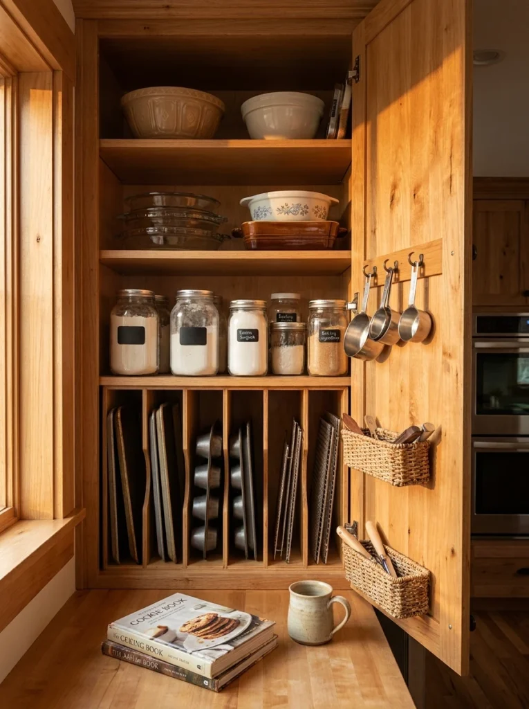 A baking zone relocated to a cabinet that properly fits bakeware, even if slightly further from the oven, warm kitchen lighting, vertical Pinterest photography, warm practical-adjustment styling.