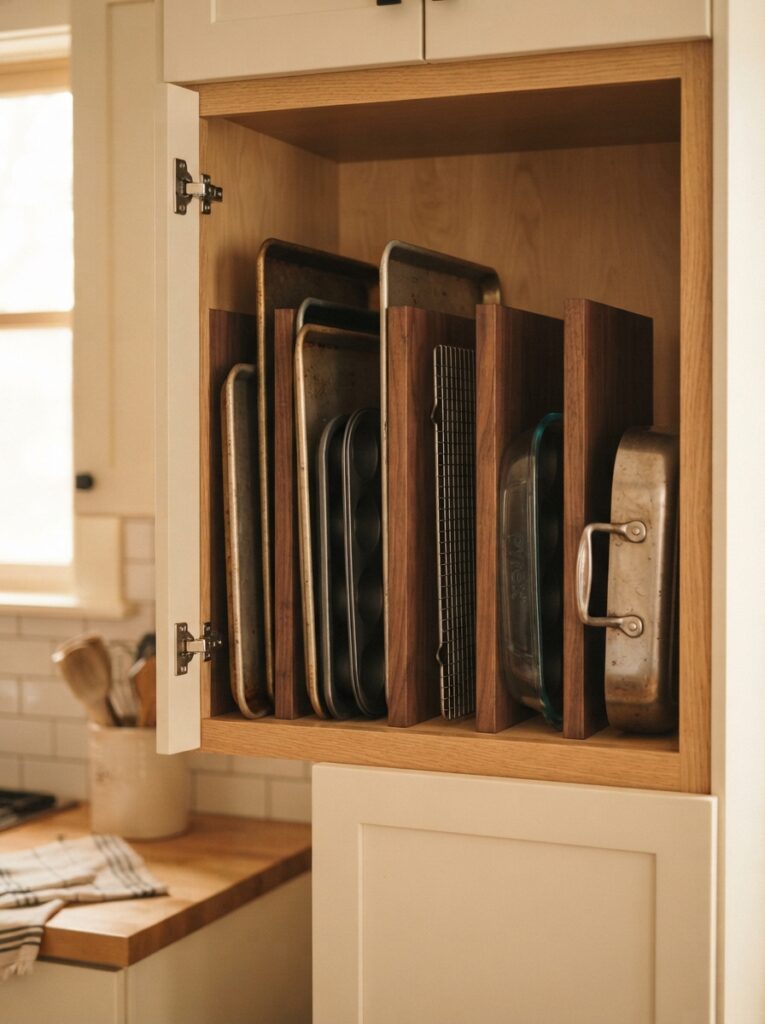 ![Bakeware stored upright using vertical dividers inside a compact cabinet, warm kitchen lighting, vertical Pinterest photography, warm upright styling.]