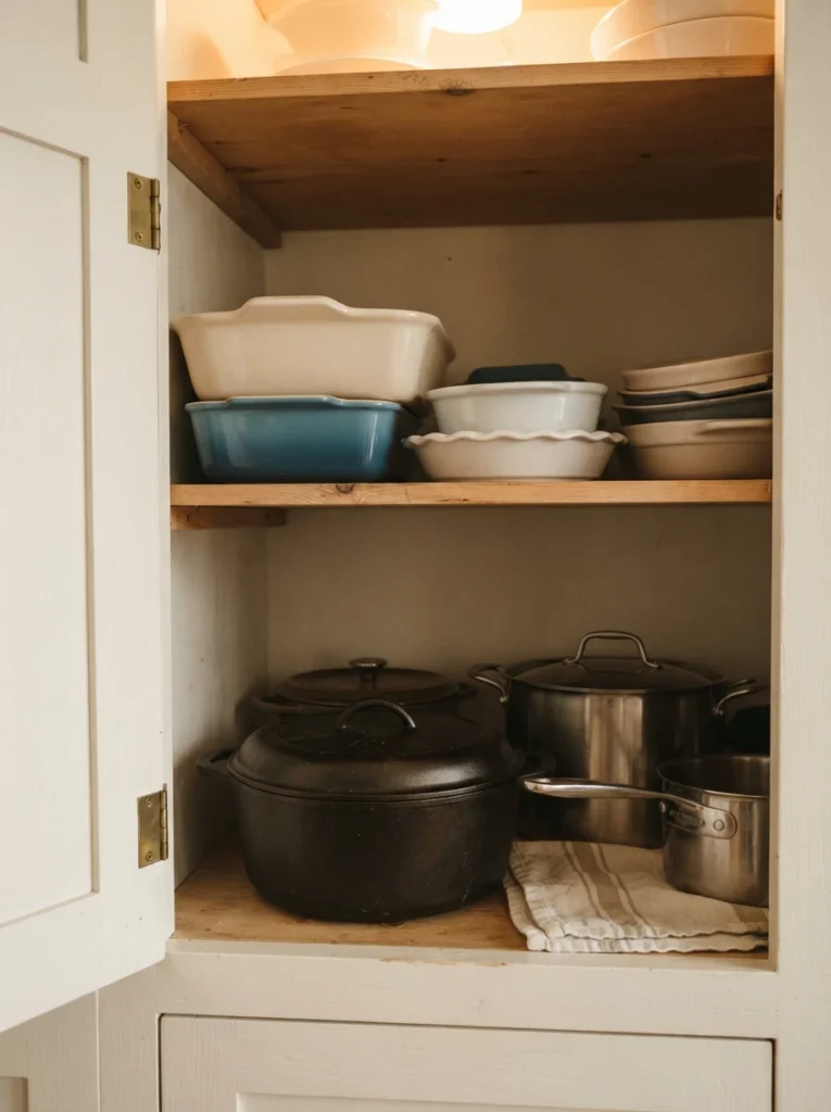 A half shelf inside a deep cabinet, baking dishes stored above and larger pots stored below, warm kitchen lighting, vertical Pinterest photography, warm layered styling.