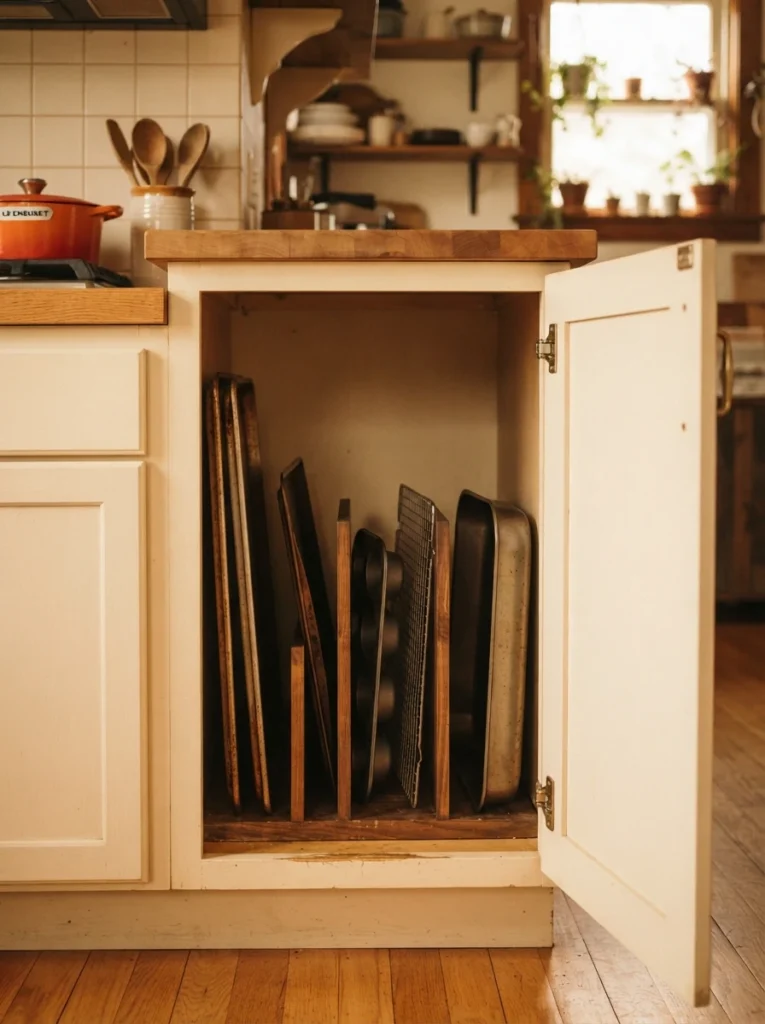 ![Baking sheets and trays stored upright in a divider, cabinet door open, warm kitchen lighting, vertical Pinterest photography, warm upright-fix styling.]
