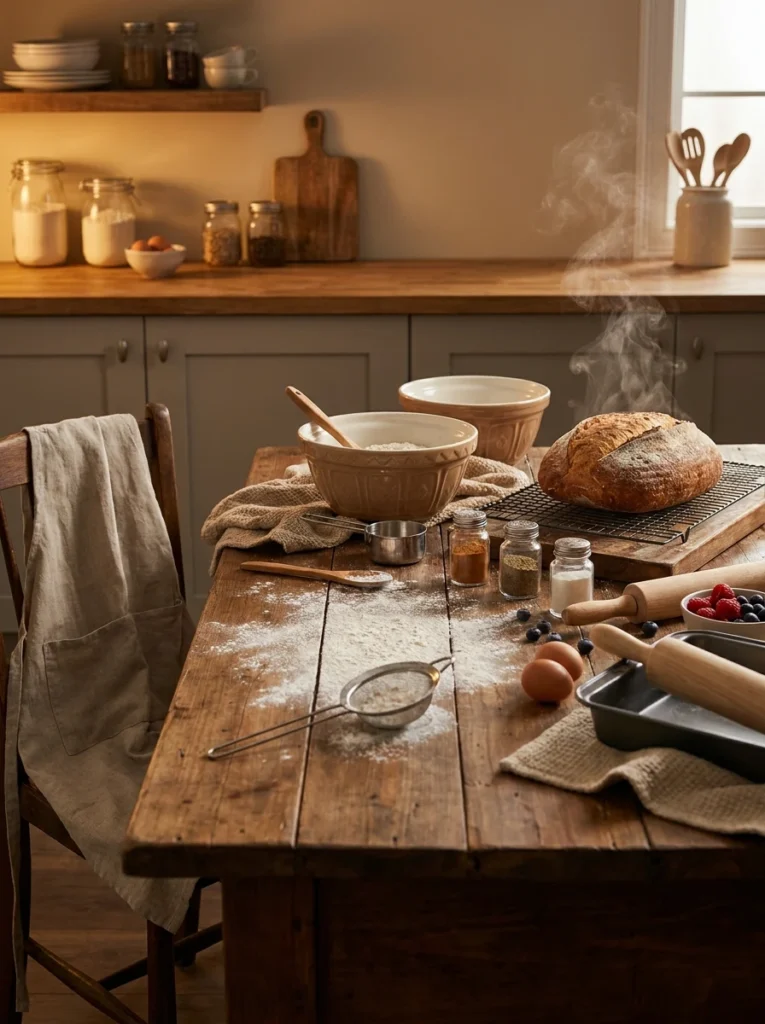 A baking zone with mixing bowls, measuring cups, and bakeware grouped together, warm kitchen lighting, vertical Pinterest photography, warm baking-focused styling.