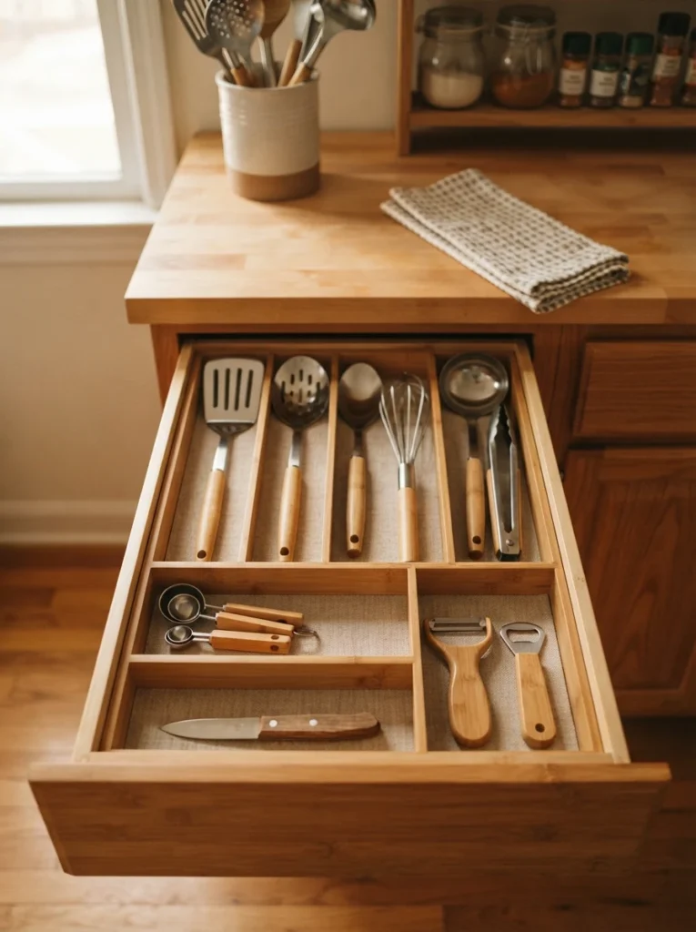Bamboo dividers inside a kitchen drawer, natural wood grain visible, warm kitchen lighting, vertical Pinterest photography, warm bamboo-finish styling.