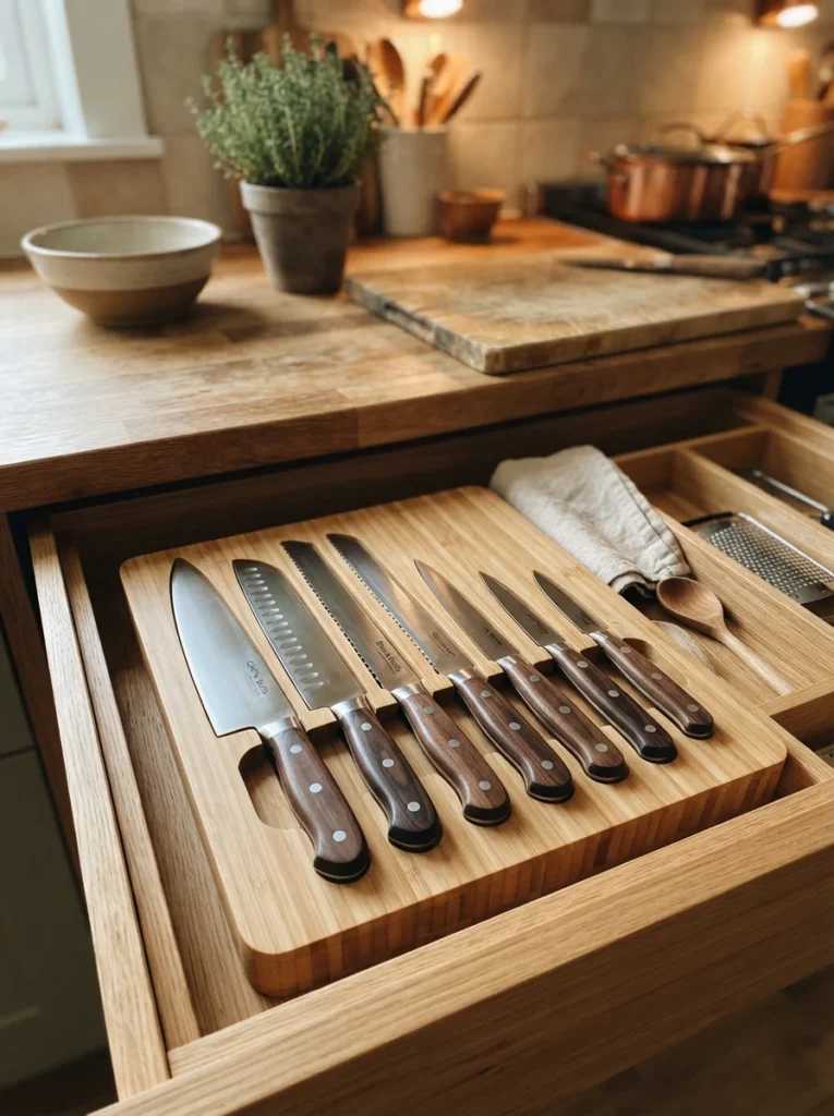 A bamboo in-drawer knife block holding several knives, warm kitchen lighting, vertical Pinterest photography, warm natural-material styling.
