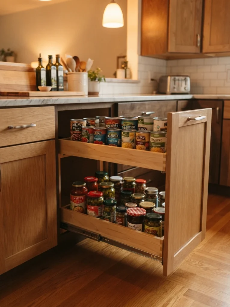 A base kitchen cabinet with a pull-out bin extended, showing organized cans and jars inside, warm kitchen lighting, vertical Pinterest photography, warm practical styling.