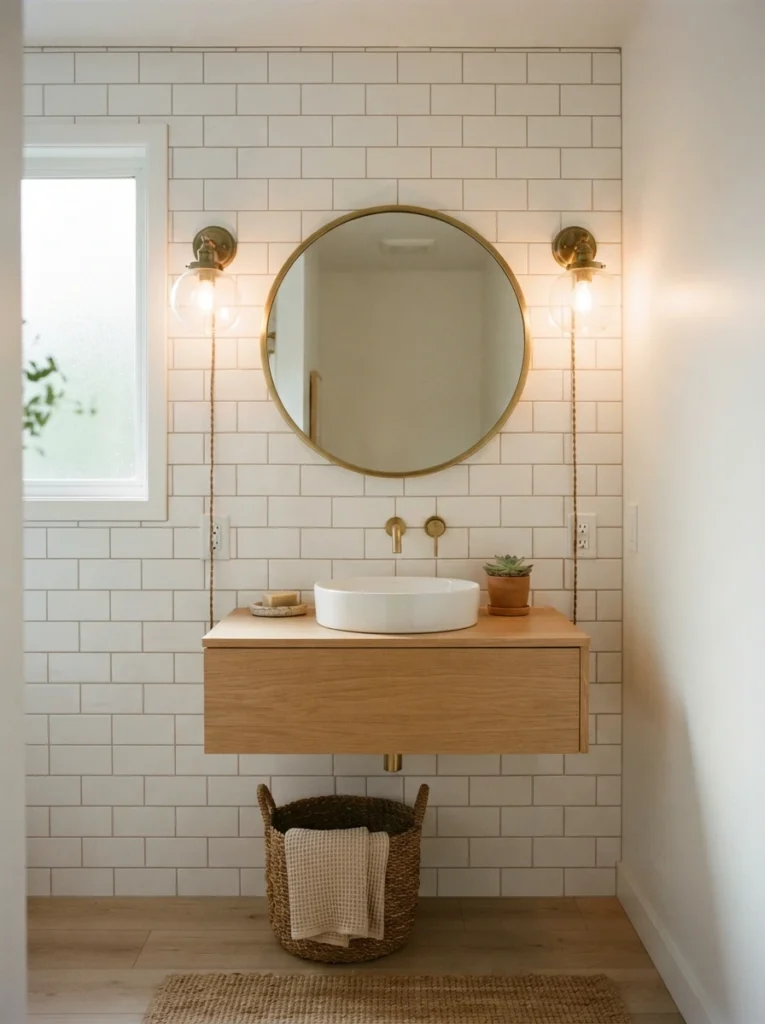 A small bathroom vanity mirror flanked by two matching plug-in glass sconces at eye level, warm soft light evenly illuminating the mirror, white subway tile backdrop, minimalist styling, morning light through a small window, vertical Pinterest photography, clean warm tones.