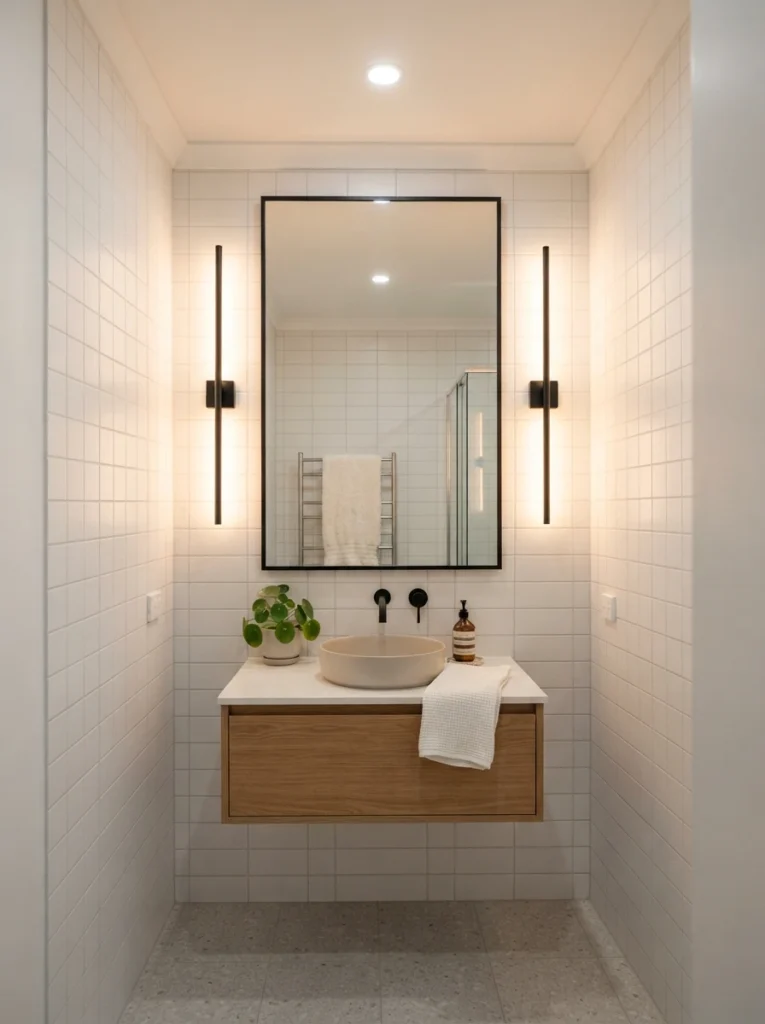 A narrow bathroom with two tall vertical bar plug-in sconces flanking a rectangular mirror, soft even glow along the full mirror height, minimalist white tile, clean modern styling, vertical Pinterest photo, warm crisp lighting.