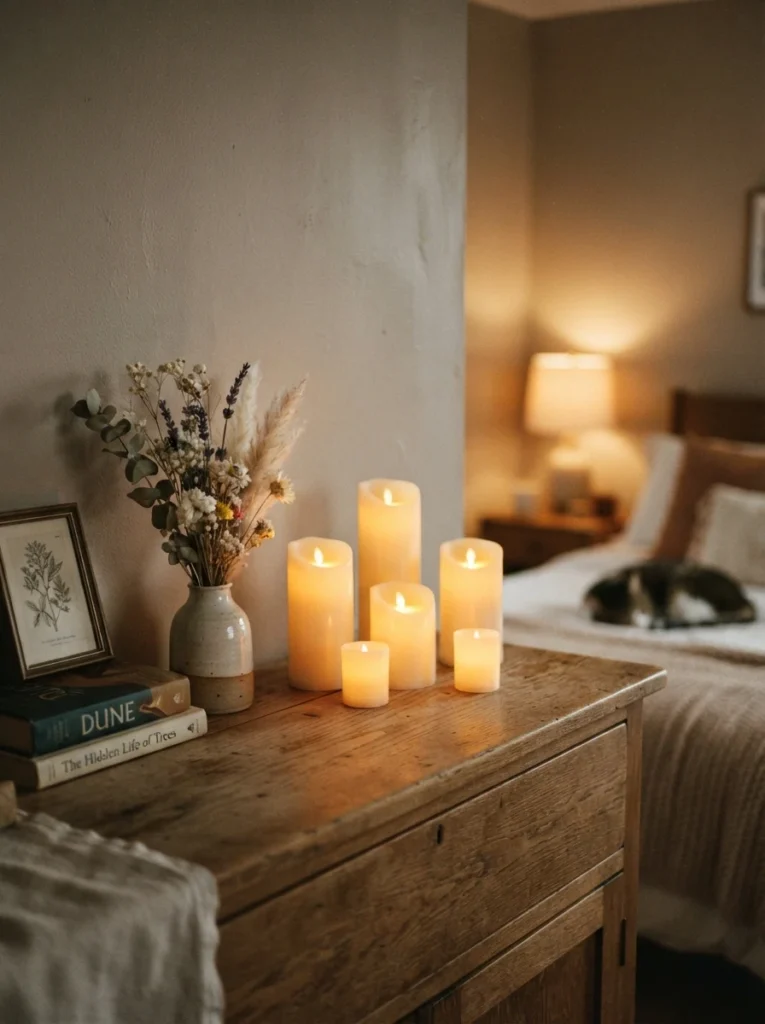 A cluster of flameless battery candles at varying heights on a bedroom dresser, warm flickering glow against a soft neutral wall, small vase of dried flowers nearby, cozy evening bedroom atmosphere, warm intimate lighting, vertical Pinterest photo, soft focus background.