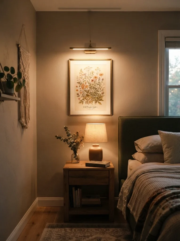 A small battery-powered picture light mounted above a framed art print on a bedroom wall, warm focused glow washing down over the artwork, soft neutral wall color, cozy styled bedroom corner, evening ambiance, vertical Pinterest photography, warm gallery-style lighting.