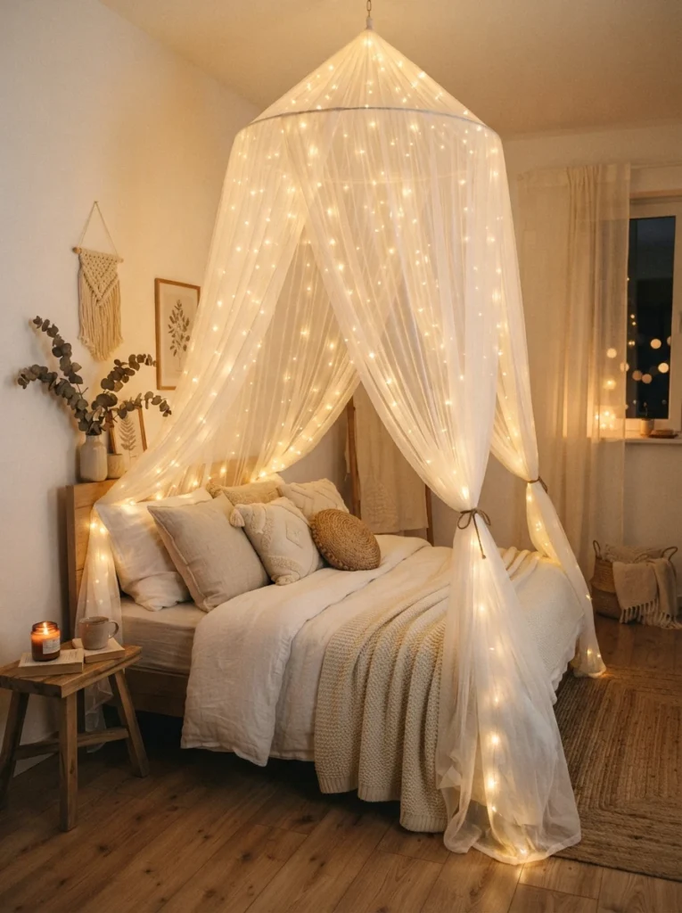 A dome-shaped sheer bed canopy with warm fairy lights woven throughout, soft glowing dreamy atmosphere above a small bed, cozy neutral bedding, evening ambiance, vertical Pinterest photography, warm fairytale tones.