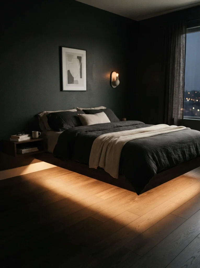 A low bed frame with warm LED lighting glowing softly underneath, bed appearing to float above the floor, dark cozy bedroom atmosphere, minimalist styling, evening ambiance, vertical Pinterest photography, warm moody tones.