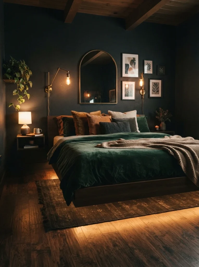 A low bed frame with warm LED strip lighting glowing softly underneath, dark moody bedroom walls, cozy velvet bedding, bed appearing to float above the visible floor, evening ambiance, vertical Pinterest photography, warm dramatic tones.