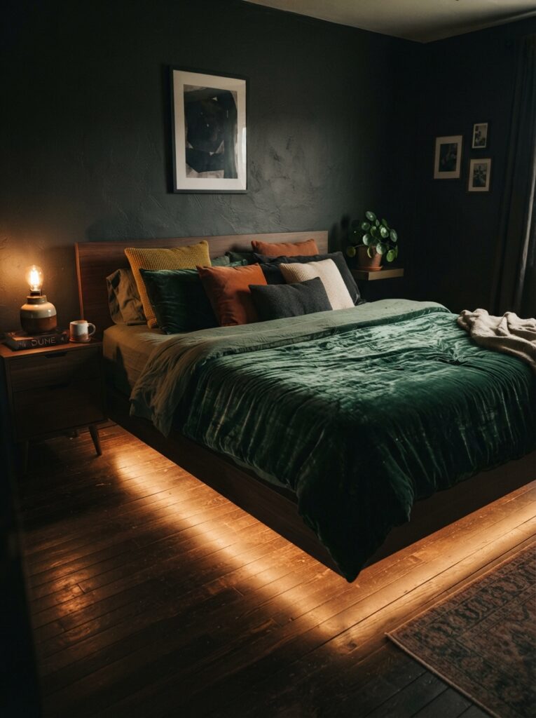 A small mirrored tray reflecting warm lamp light on a dark wooden dresser, deep moody bedroom walls, cozy styled decor nearby, evening ambiance, vertical Pinterest photography, warm reflective detail shot.