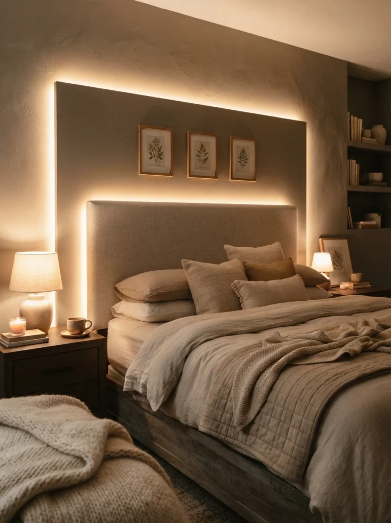 A bedroom headboard with soft warm backlighting glowing around its edges, adding visual depth to the wall behind it, cozy neutral bedding, evening ambiance, vertical Pinterest photography, warm dimensional tones.
