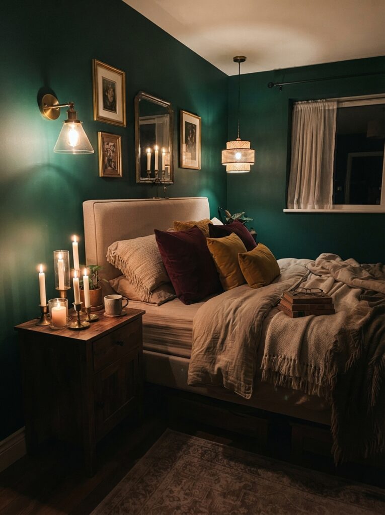 A small desk nook in a studio apartment with warm USB-powered string lights draped along a shelf above it, cozy workspace glow, minimalist styling, evening ambiance, vertical Pinterest photography, warm functional lighting.
