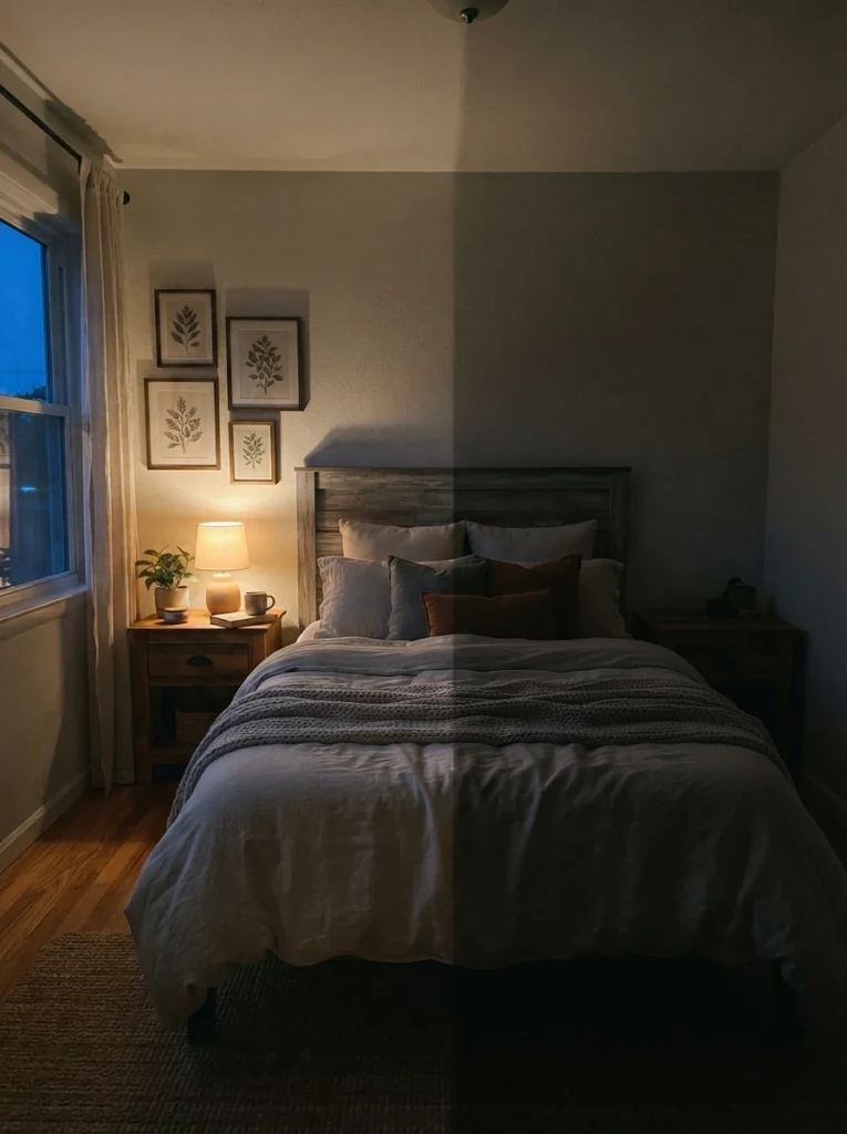 A warm wall sconce mounted beside a studio apartment bed, soft sheer curtain partially enclosing the sleep area for privacy, cozy evening ambiance, vertical Pinterest photography, warm enclosed tones.