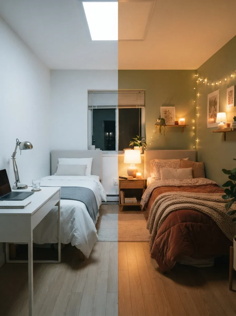 A small bedroom lit in cool clinical white light on one side and warm cozy amber light on the other, showing the visual difference, vertical Pinterest photography, warm versus cool comparison.