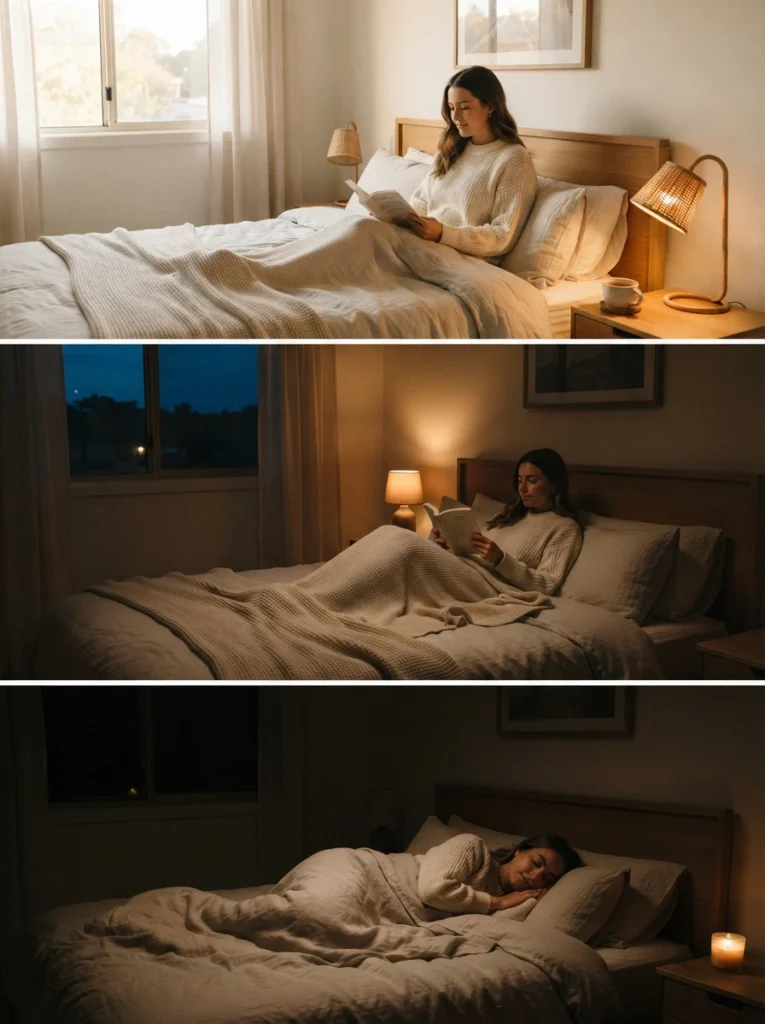 A hand reaching to turn off a small warm bedside lamp as the final step before sleep, dim cozy bedroom fading to darkness, neutral bedding, calm nighttime ritual, vertical Pinterest photography, warm intimate closing scene.