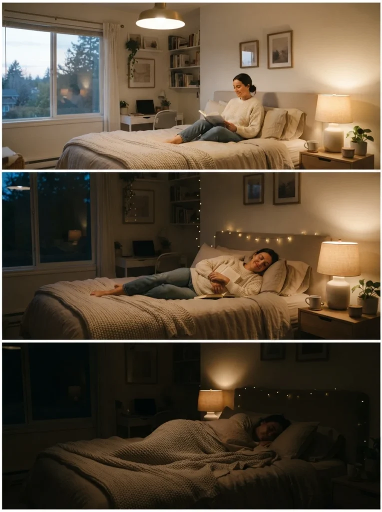 A three-panel style scene showing a warm bedroom transitioning from brighter task lighting to a dim lamp to near darkness, cozy evening progression, neutral bedding, calm atmosphere, vertical Pinterest photography, warm layered tones.
