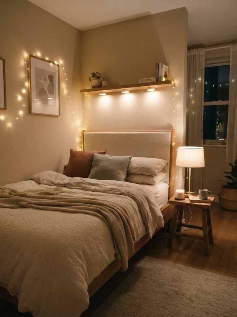 A small bedroom showing a mix of one plugged-in lamp and several battery-powered accent lights, warm puck lights under a shelf and fairy lights around a headboard, cozy layered lighting, minimalist styling, vertical Pinterest photography, warm ambient glow.