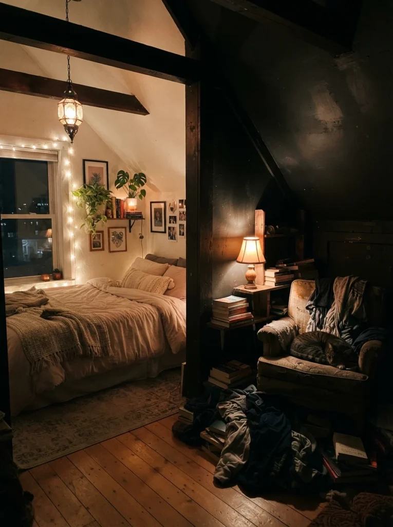  A small bedroom with one bright corner and one neglected dark shadowed corner, showing the visual mistake, evening ambiance, vertical Pinterest photography, dramatic light and shadow contrast.