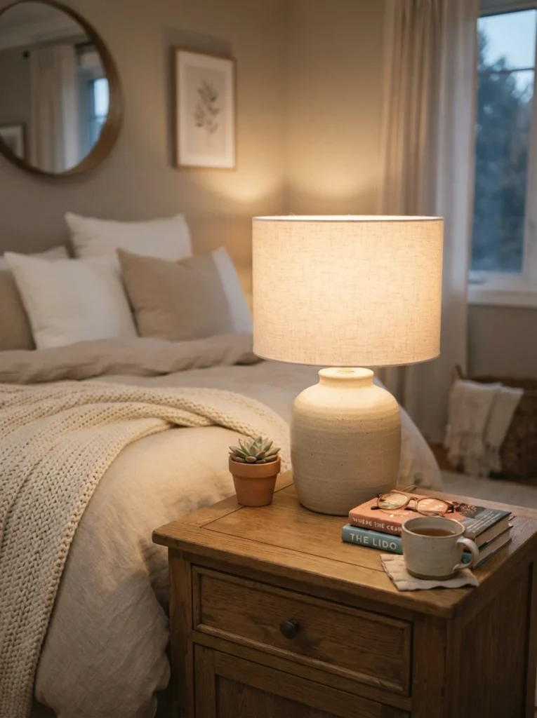 A bedroom table lamp with a light linen shade diffusing bright even light, cozy neutral styling, evening ambiance, vertical Pinterest photography, warm airy tones.