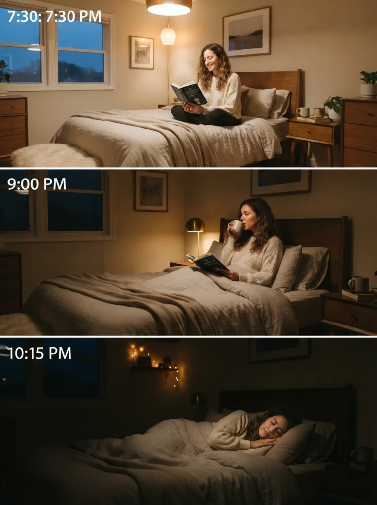 A fully dark cozy bedroom with just a faint hint of moonlight through curtains, peaceful nighttime atmosphere, soft outline of a sleeping bed, calm restful mood, vertical Pinterest photography, warm dark serene tones.