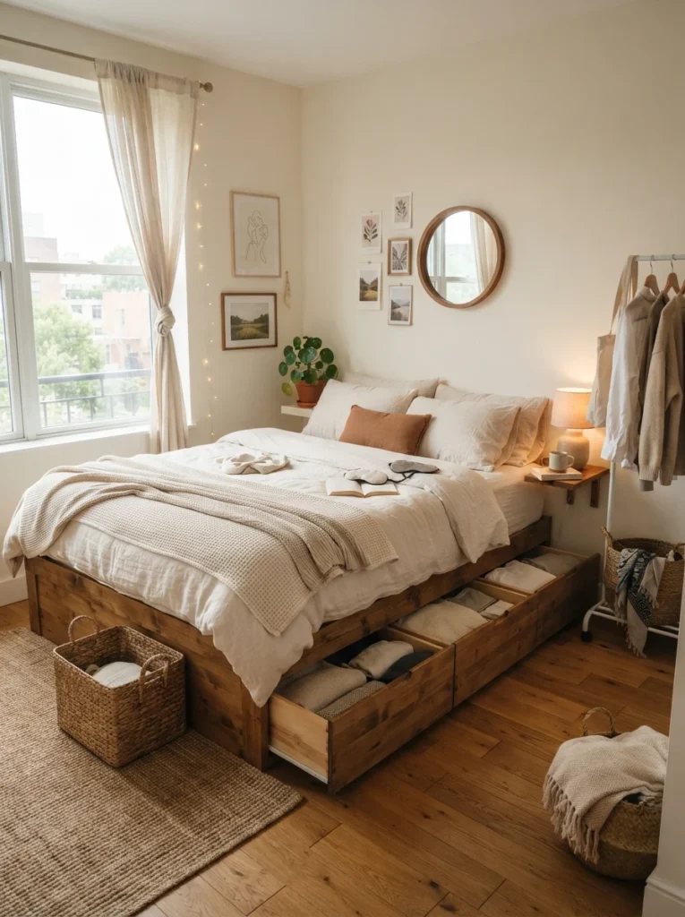 Cozy small bedroom with hidden under-bed storage drawers, soft cream bedding, warm wood flooring, compact apartment layout, subtle woven storage containers, realistic natural lighting, slightly lived-in aesthetic, calm clutter-free atmosphere, Pinterest-style interior photography