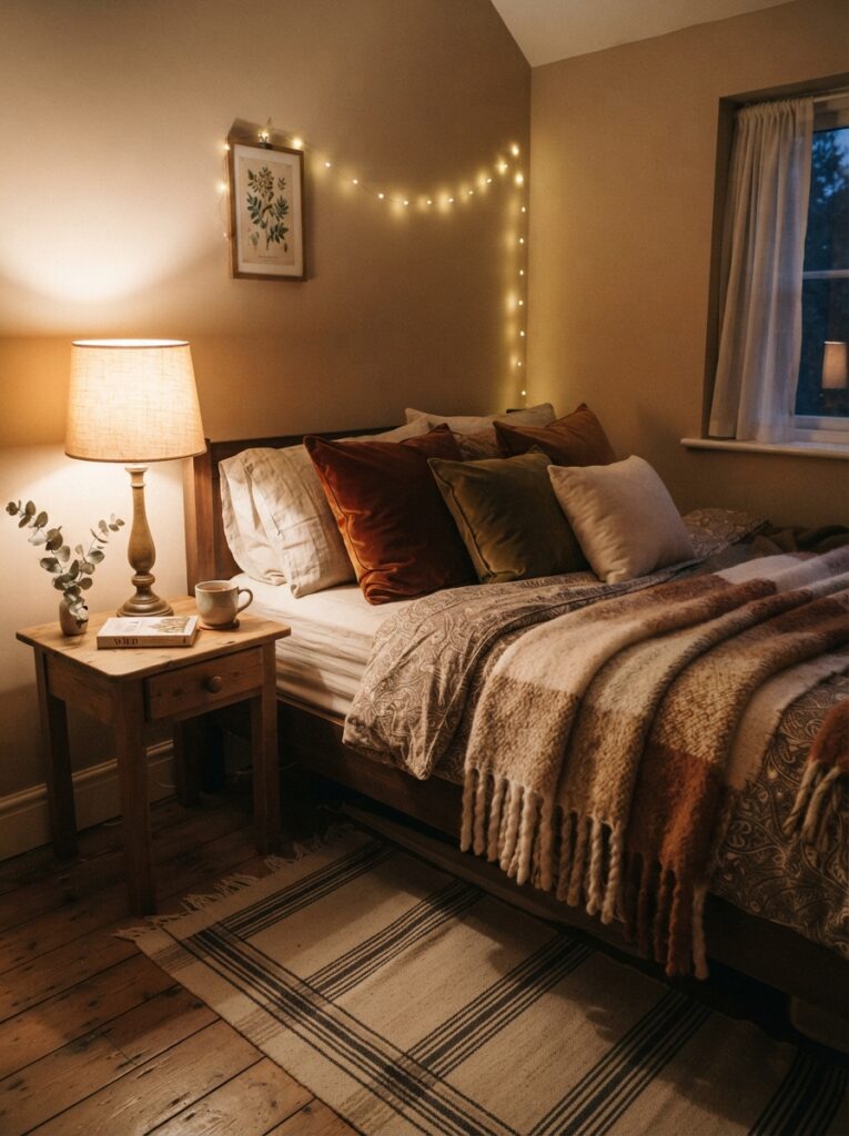 A small bedroom with a warm glowing lamp beside velvet pillows and a woven throw blanket, rich tactile textures under soft light, evening ambiance, vertical Pinterest photography, warm layered texture.