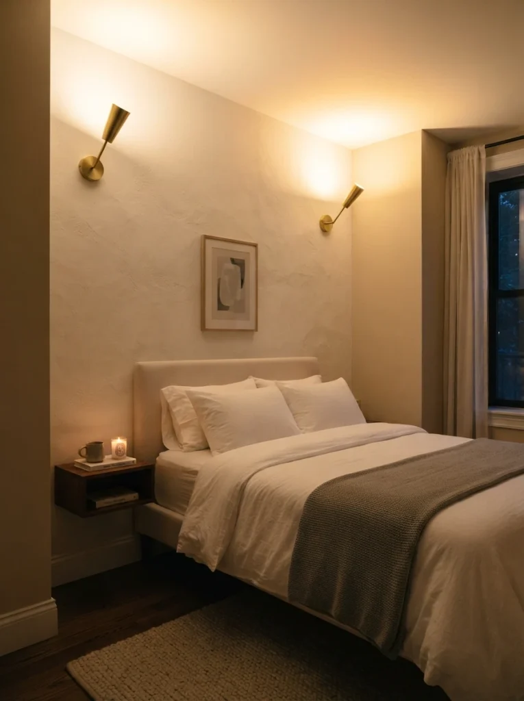 A small bedroom with wall sconces mounted high and angled upward, warm light washing across the ceiling to create a sense of height, minimalist hotel-style bed below, evening ambiance, vertical Pinterest photography, warm architectural lighting effect.