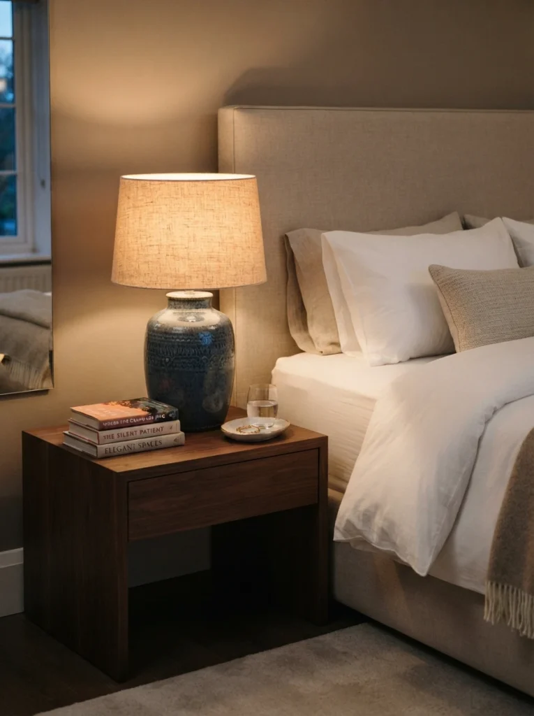 A single elegant statement bedside lamp with a heavy ceramic base and warm linen shade, glowing softly beside a neatly styled bed, crisp white bedding, small stack of books nearby, evening ambiance, vertical Pinterest photography, warm luxurious styling.