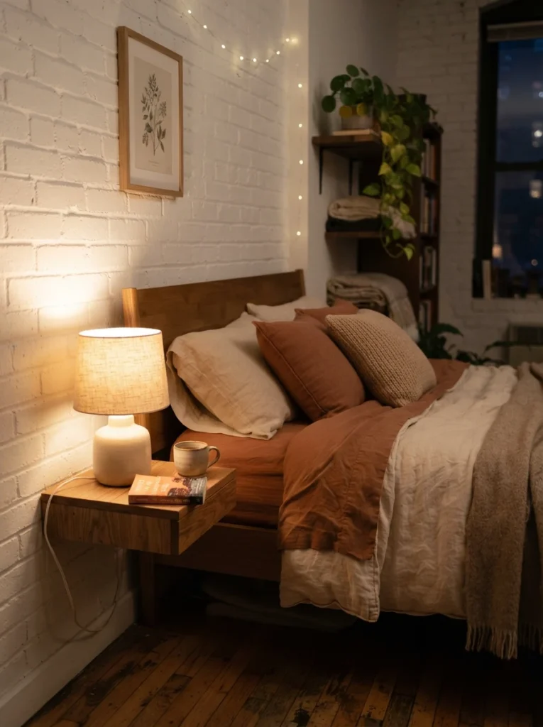 A single warm bedside lamp glowing softly beside a studio apartment bed, cozy amber light clearly marking the sleep zone, minimalist styling, evening ambiance, vertical Pinterest photography, warm intimate tones.