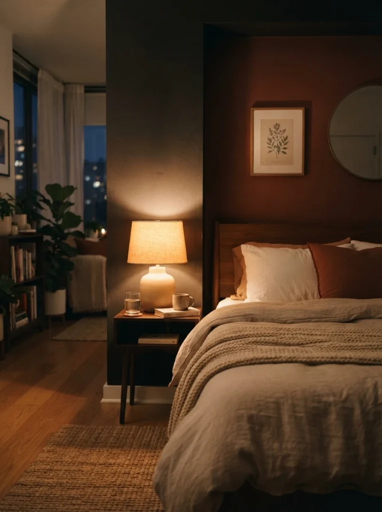 A single warm bedside lamp glowing softly beside a studio apartment bed, cozy amber light clearly marking the sleep zone, minimalist styling, evening ambiance, vertical Pinterest photography, warm intimate tones.