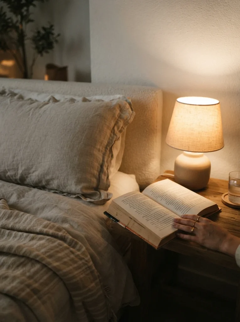 A single warm bedside lamp glowing close to a pillow, soft golden light illuminating an open book, cozy neutral bedding, calm evening reading scene, vertical Pinterest photography, warm intimate close-up lighting.