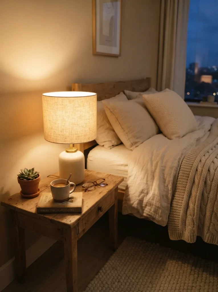 A warm bedside lamp with a soft linen fabric shade diffusing golden light across a nightstand, no visible bulb, cozy neutral bedding, calm evening atmosphere, vertical Pinterest photography, warm soft-focus styling.