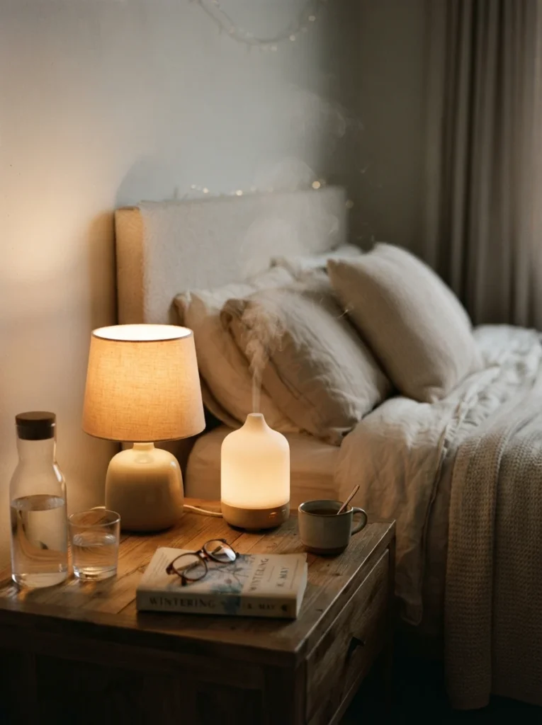 A warm dimmed bedside lamp beside a softly glowing diffuser releasing gentle mist, cozy neutral bedroom, calming evening ritual atmosphere, soft warm tones, vertical Pinterest photography, intimate wind-down mood.
