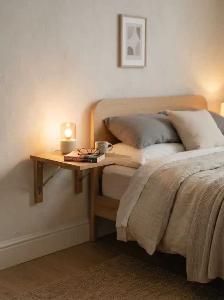 A small fold-down bedside shelf mounted to a bedroom wall, compact lamp glowing on the extended surface, minimalist styling, cozy neutral bedding nearby, evening ambiance, vertical Pinterest photography, warm space-saving detail.