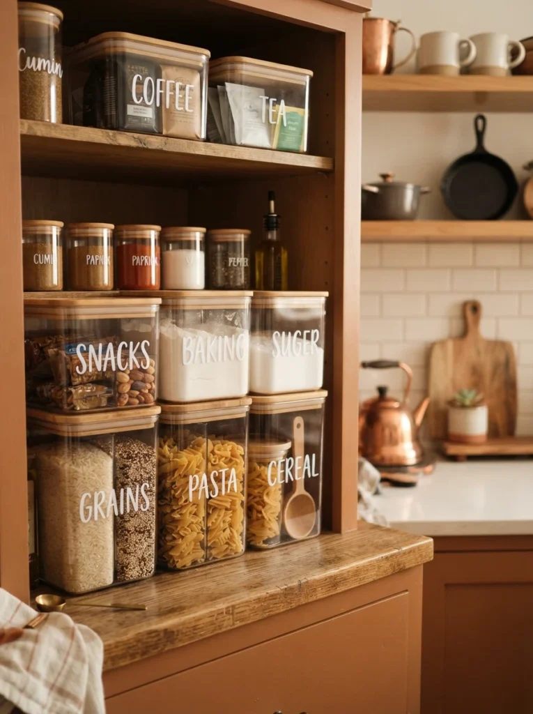 ![Stackable labeled bins holding pantry items in a compact studio kitchen shelf, warm kitchen lighting, vertical Pinterest photography, warm stackable styling.]