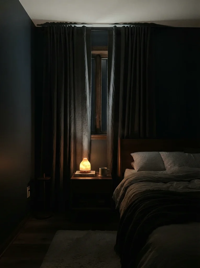 A small bedroom window with heavy blackout curtains fully drawn, dark cozy room beyond, faint outline of a bed, calm nighttime atmosphere, minimal light leakage, vertical Pinterest photography, warm dark tones.