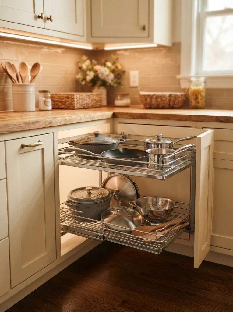 A pull-out blind corner organizer extended from a corner cabinet, cookware visible and accessible, warm kitchen lighting, vertical Pinterest photography, warm corner-specific styling.
