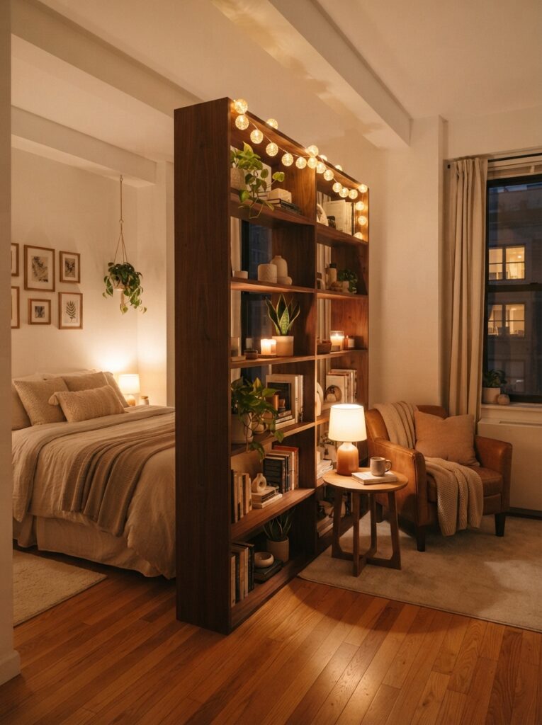 A tall bookshelf dividing a studio apartment bedroom from the living space, warm string lights woven along the top shelf, soft glowing backdrop, cozy minimalist styling, evening ambiance, vertical Pinterest photography, warm inviting tones.