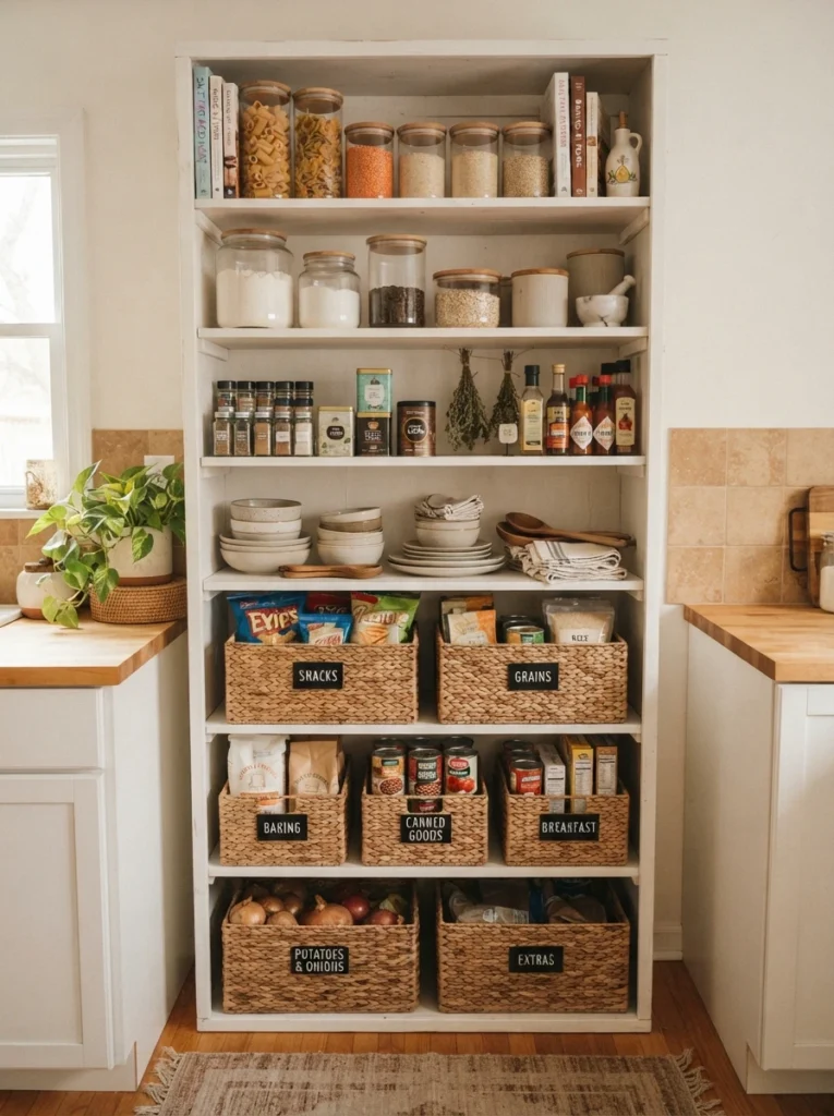 A tall white bookshelf repurposed into a kitchen pantry, styled with woven storage baskets on lower shelves and glass food containers on top, vertical Pinterest photography, warm bookshelf-pantry styling.